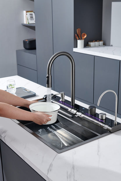 Lavaplatos Inteligente 7 Teclas Acero Inoxidable SUS 304 con Doble Cascada y Medidor LED