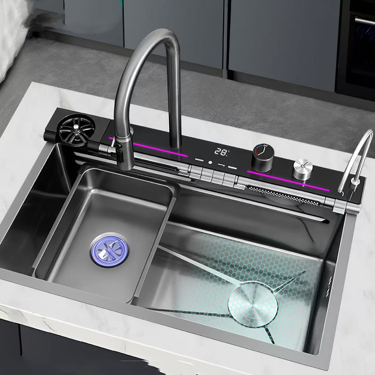Lavaplatos Inteligente 7 Teclas Acero Inoxidable SUS 304 con Doble Cascada y Medidor LED