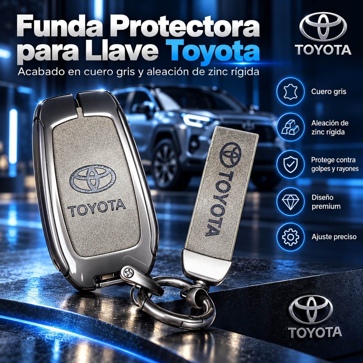 🔑 Funda Protectora Premium para Llave Toyota – Cuero Gris + Aleación de Zinc