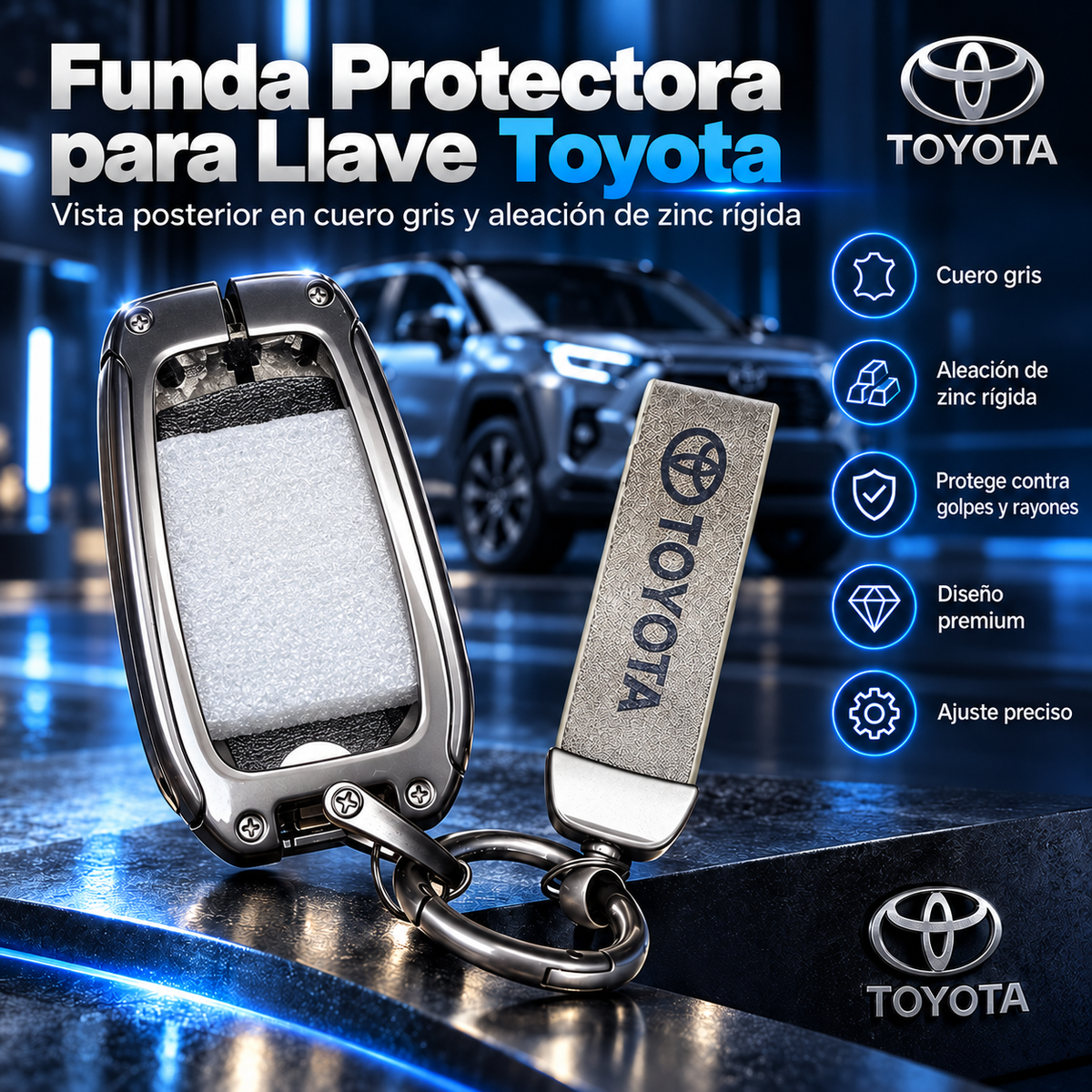 🔑 Funda Protectora Premium para Llave Toyota – Cuero Gris + Aleación de Zinc